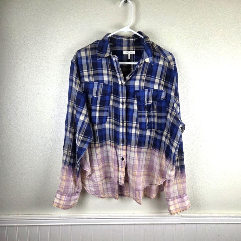 rag & bone Florian Plaid Shirt Women's L Blue Pink Ombre 100% Cotton NWOT